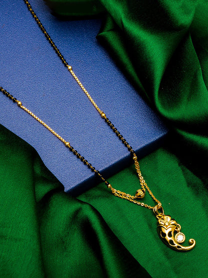 Aadita Gold-Toned Floral Mangalsutra with Black Beads and Stone Pendant for Daily Wear
