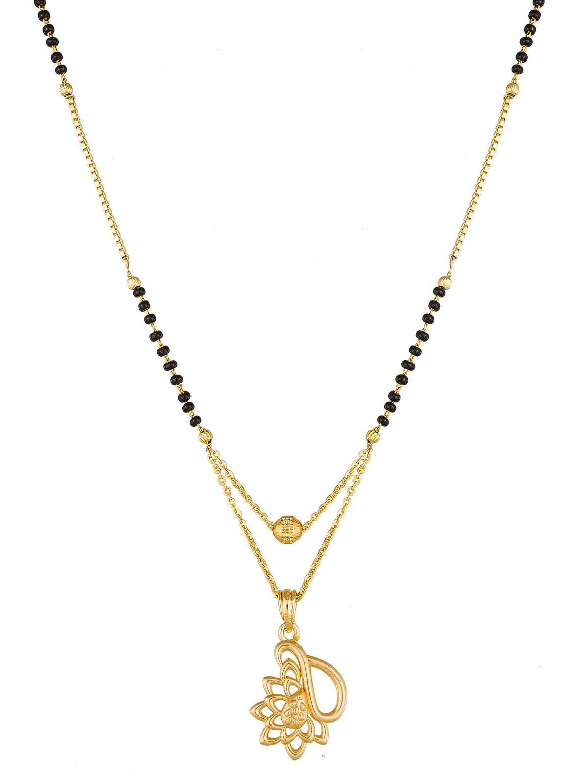 Aadita Gold-Toned Lotus and Teardrop Cutwork Mangalsutra with Black Beads and Dual Chain
