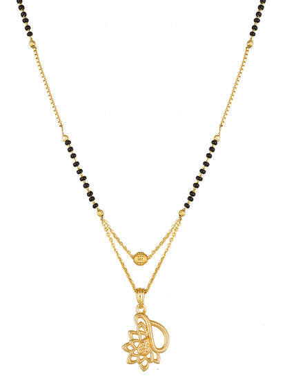 Aadita Gold-Toned Lotus and Teardrop Cutwork Mangalsutra with Black Beads and Dual Chain