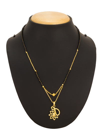 Aadita Gold-Toned Lotus and Teardrop Cutwork Mangalsutra with Black Beads and Dual Chain