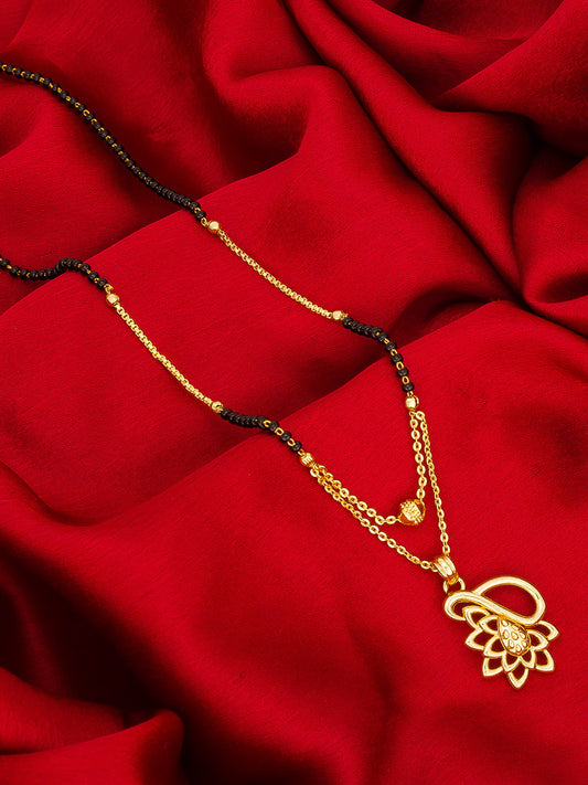 Aadita Gold-Toned Lotus and Teardrop Cutwork Mangalsutra with Black Beads and Dual Chain