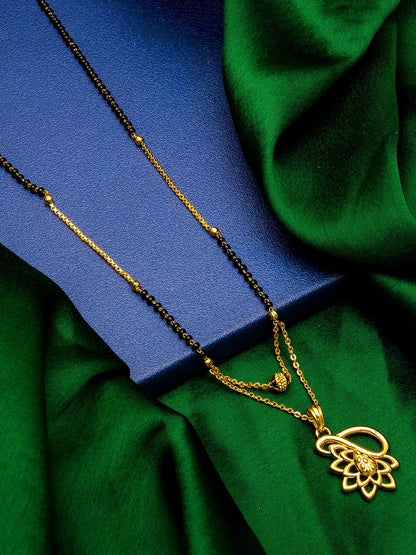 Aadita Gold-Toned Lotus and Teardrop Cutwork Mangalsutra with Black Beads and Dual Chain