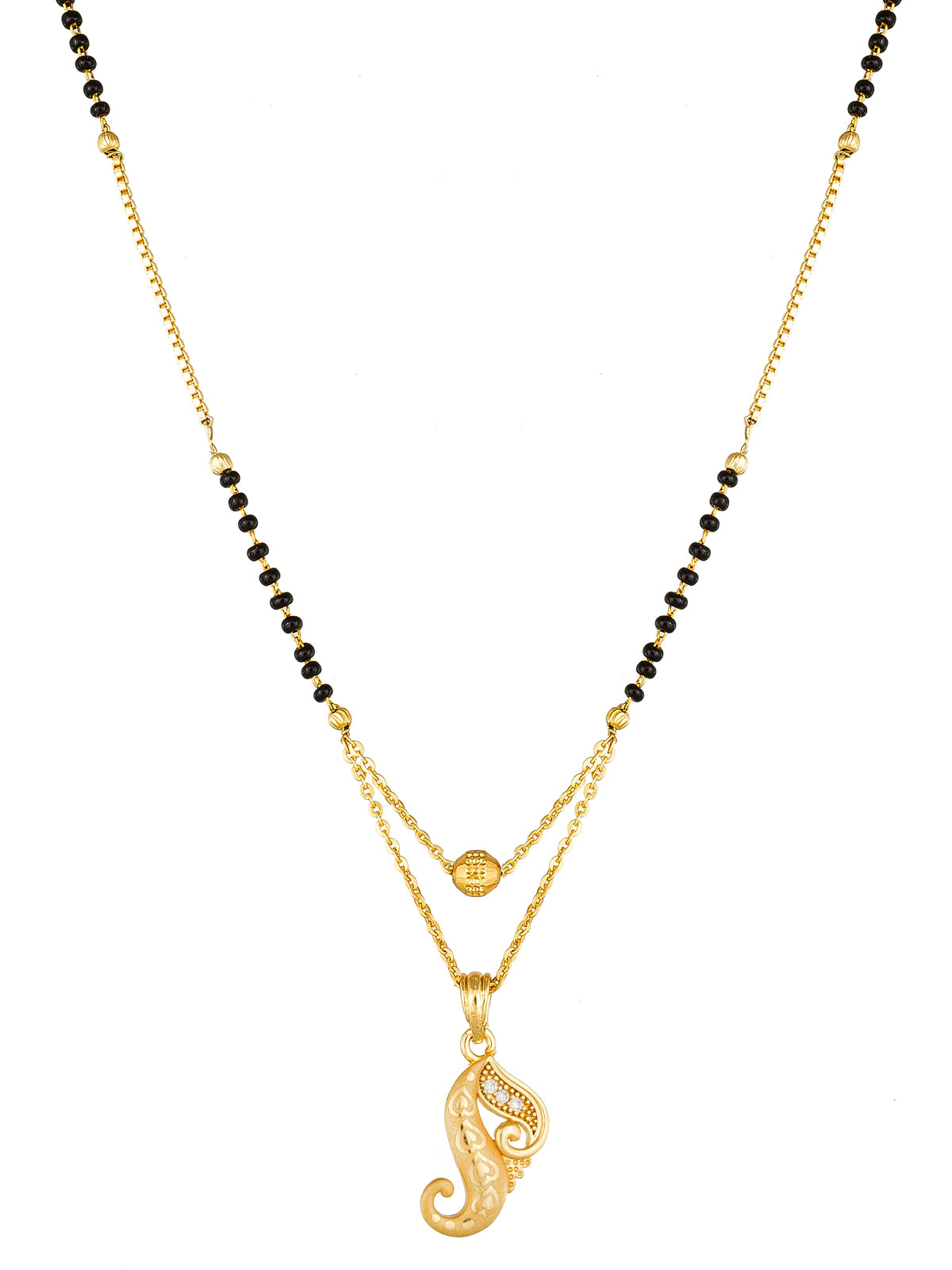Aadita Gold-Toned Paisley Motif Mangalsutra with Black Beads and Dual-Layer Chain