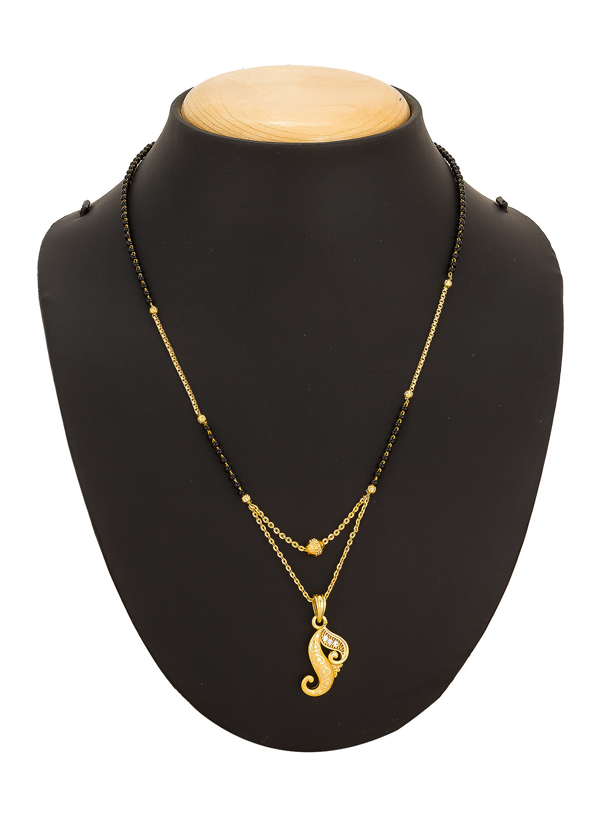 Aadita Gold-Toned Paisley Motif Mangalsutra with Black Beads and Dual-Layer Chain
