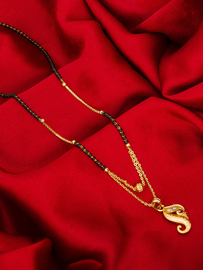 Aadita Gold-Toned Paisley Motif Mangalsutra with Black Beads and Dual-Layer Chain