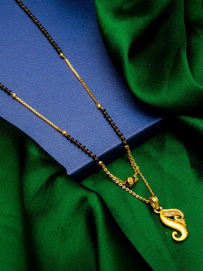 Aadita Gold-Toned Paisley Motif Mangalsutra with Black Beads and Dual-Layer Chain