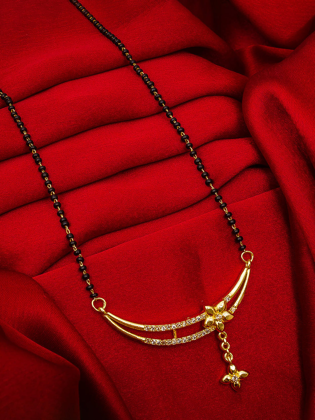 Office Wear Gold-Toned Floral Crescent Mangalsutra with Bead Chain