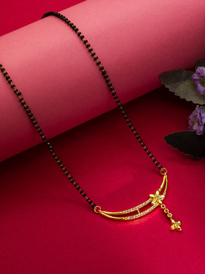Aadita Office Wear Gold-Toned Floral Crescent Mangalsutra with Black Bead Chain