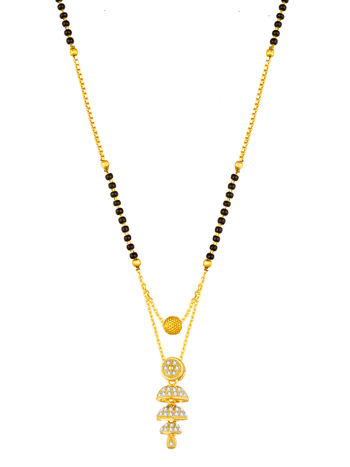 Aadita Gold-Toned Tiered Jhumka-Style Pendant Mangalsutra with Black Beads and Dual Chain For Festive