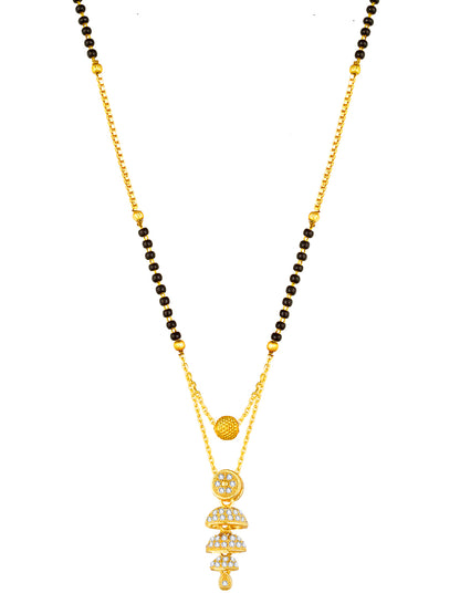 Aadita Gold-Toned Tiered Jhumka-Style Pendant Mangalsutra with Black Beads and Dual Chain For Festive