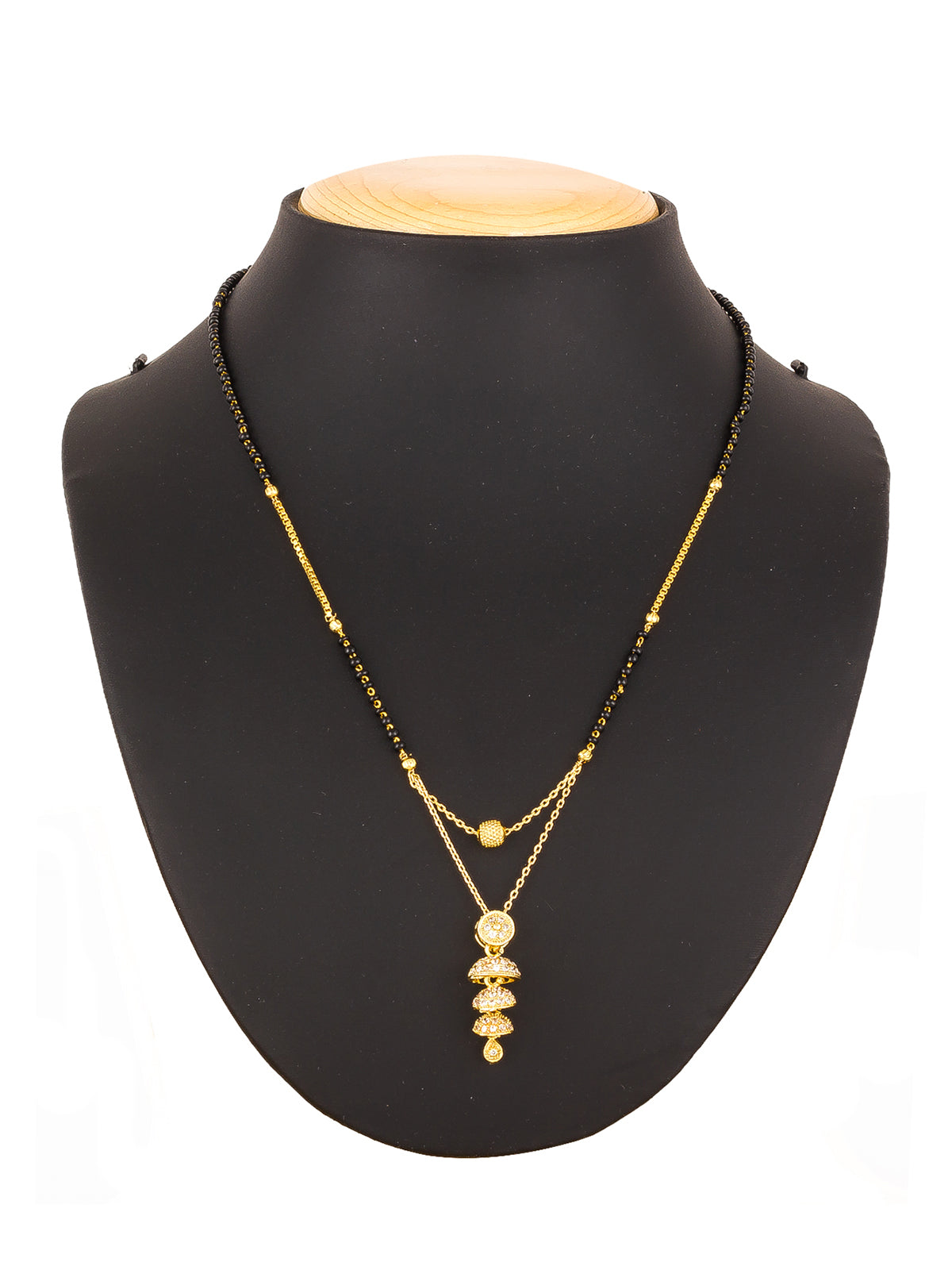 Aadita Gold-Toned Tiered Jhumka-Style Pendant Mangalsutra with Black Beads and Dual Chain For Festive