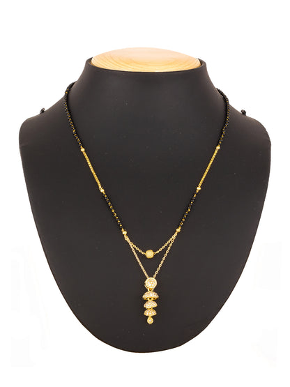 Aadita Gold-Toned Tiered Jhumka-Style Pendant Mangalsutra with Black Beads and Dual Chain For Festive