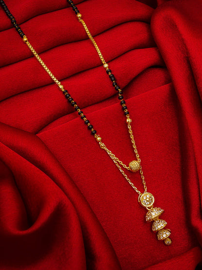 Aadita Gold-Toned Tiered Jhumka-Style Pendant Mangalsutra with Black Beads and Dual Chain For Festive