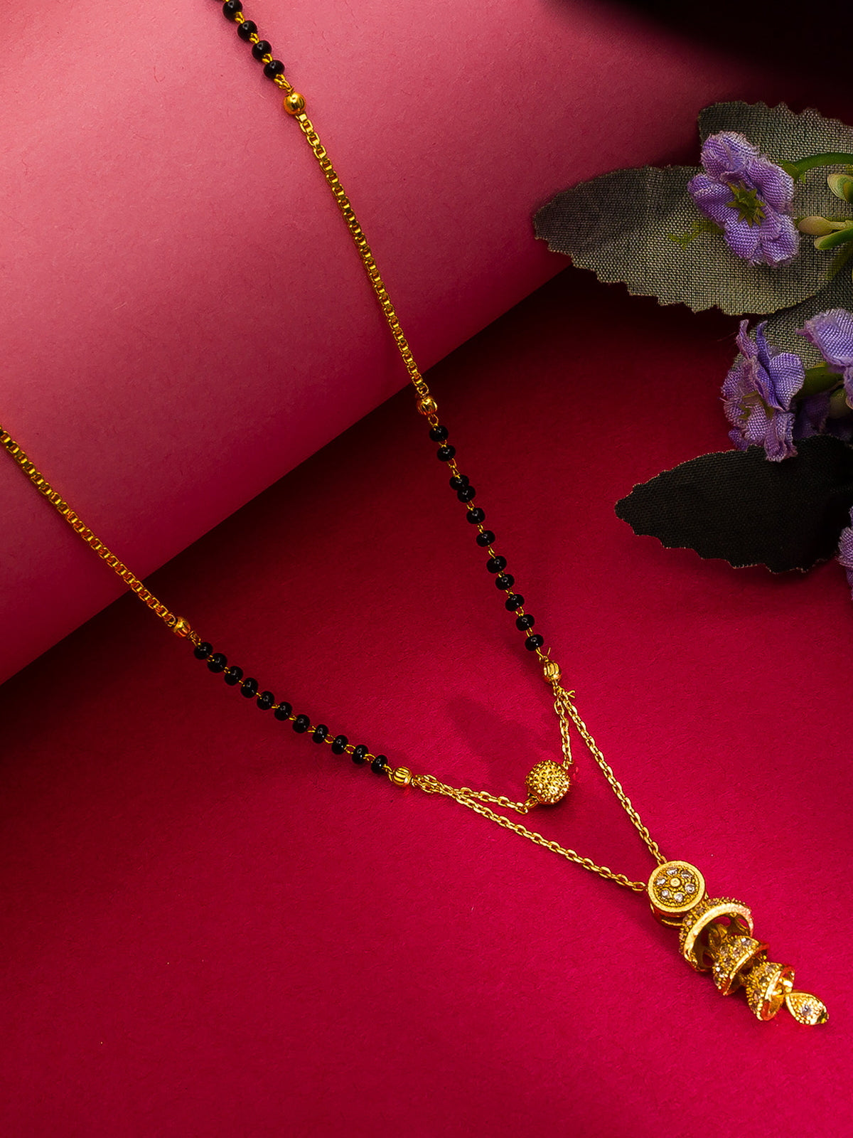Aadita Gold-Toned Tiered Jhumka-Style Pendant Mangalsutra with Black Beads and Dual Chain For Festive