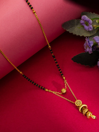 Aadita Gold-Toned Tiered Jhumka-Style Pendant Mangalsutra with Black Beads and Dual Chain For Festive