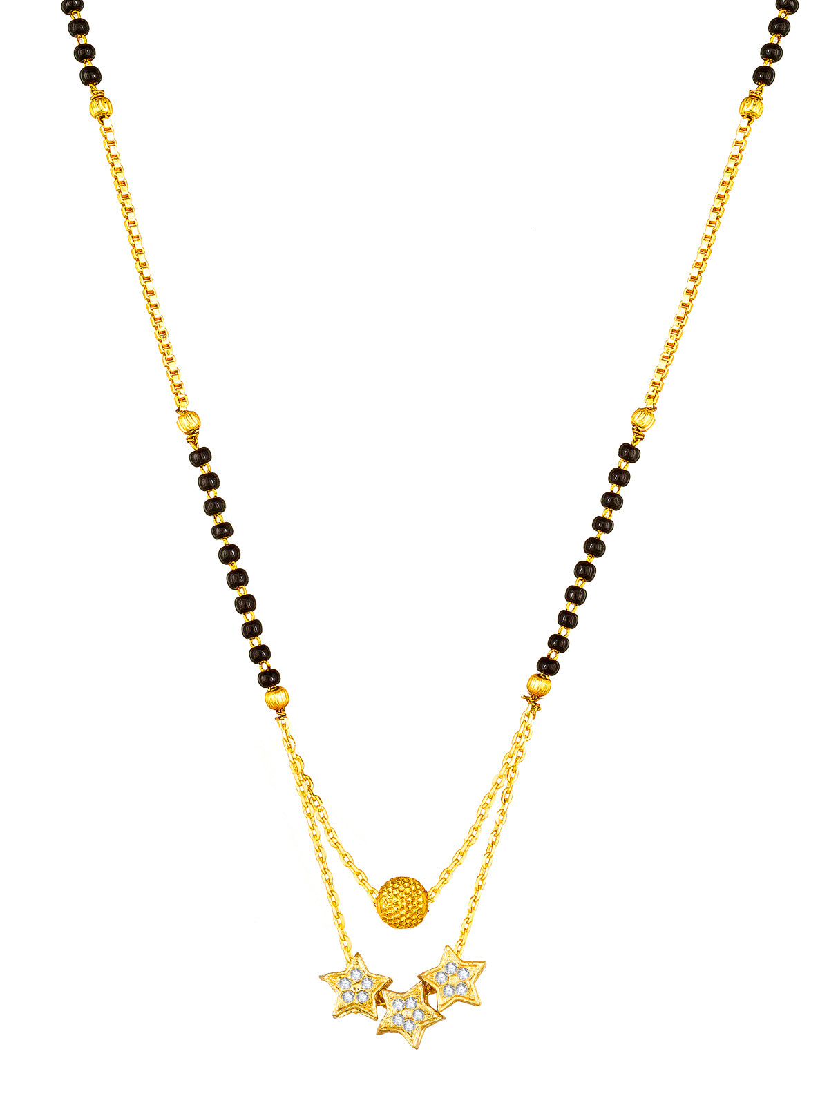Aadita Daily Wear Gold-Toned Triple Star Pendant Mangalsutra with Black Beads and Dual Chain