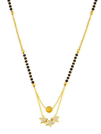 Aadita Daily Wear Gold-Toned Triple Star Pendant Mangalsutra with Black Beads and Dual Chain