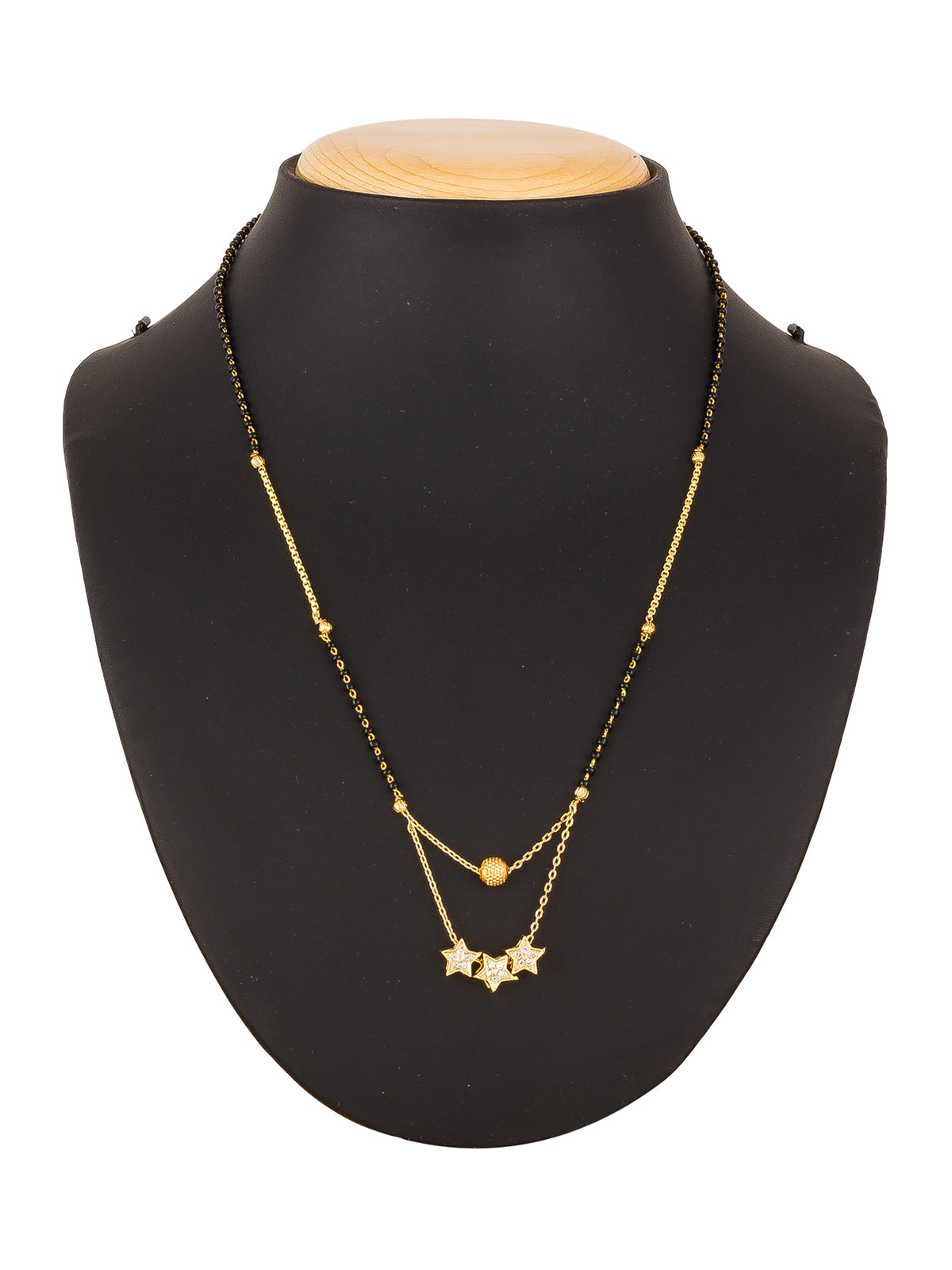Aadita Daily Wear Gold-Toned Triple Star Pendant Mangalsutra with Black Beads and Dual Chain