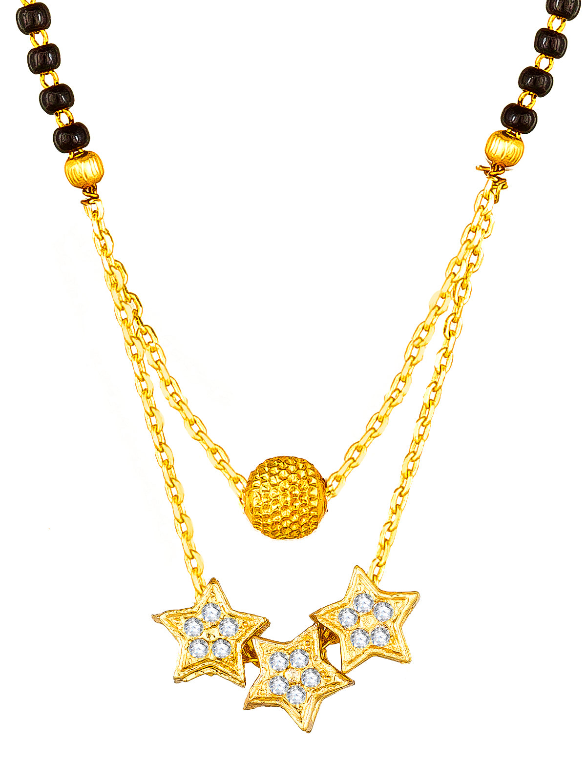 Aadita Daily Wear Gold-Toned Triple Star Pendant Mangalsutra with Black Beads and Dual Chain