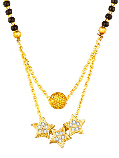Aadita Daily Wear Gold-Toned Triple Star Pendant Mangalsutra with Black Beads and Dual Chain