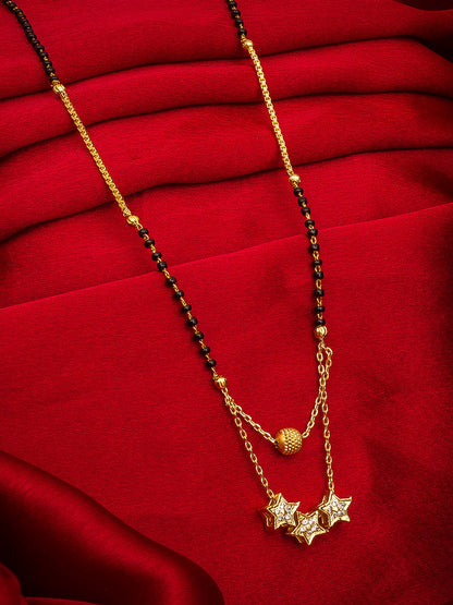 Aadita Daily Wear Gold-Toned Triple Star Pendant Mangalsutra with Black Beads and Dual Chain