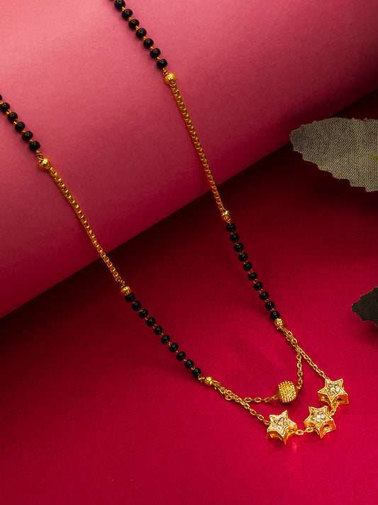 Aadita Daily Wear Gold-Toned Triple Star Pendant Mangalsutra with Black Beads and Dual Chain