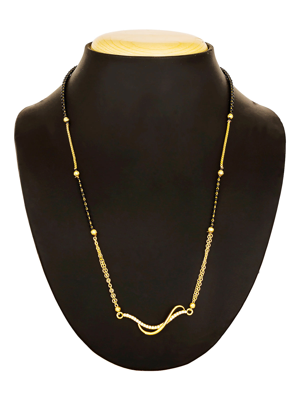 Aadita Festival Specials Gold-Toned Wave Bar Mangalsutra with Stones and Black Beads Dual Chain