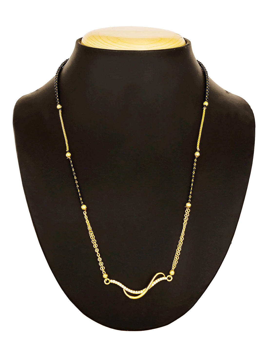 Gold-Toned Wave Bar Mangalsutra with Stones and Black Beads Dual Chain