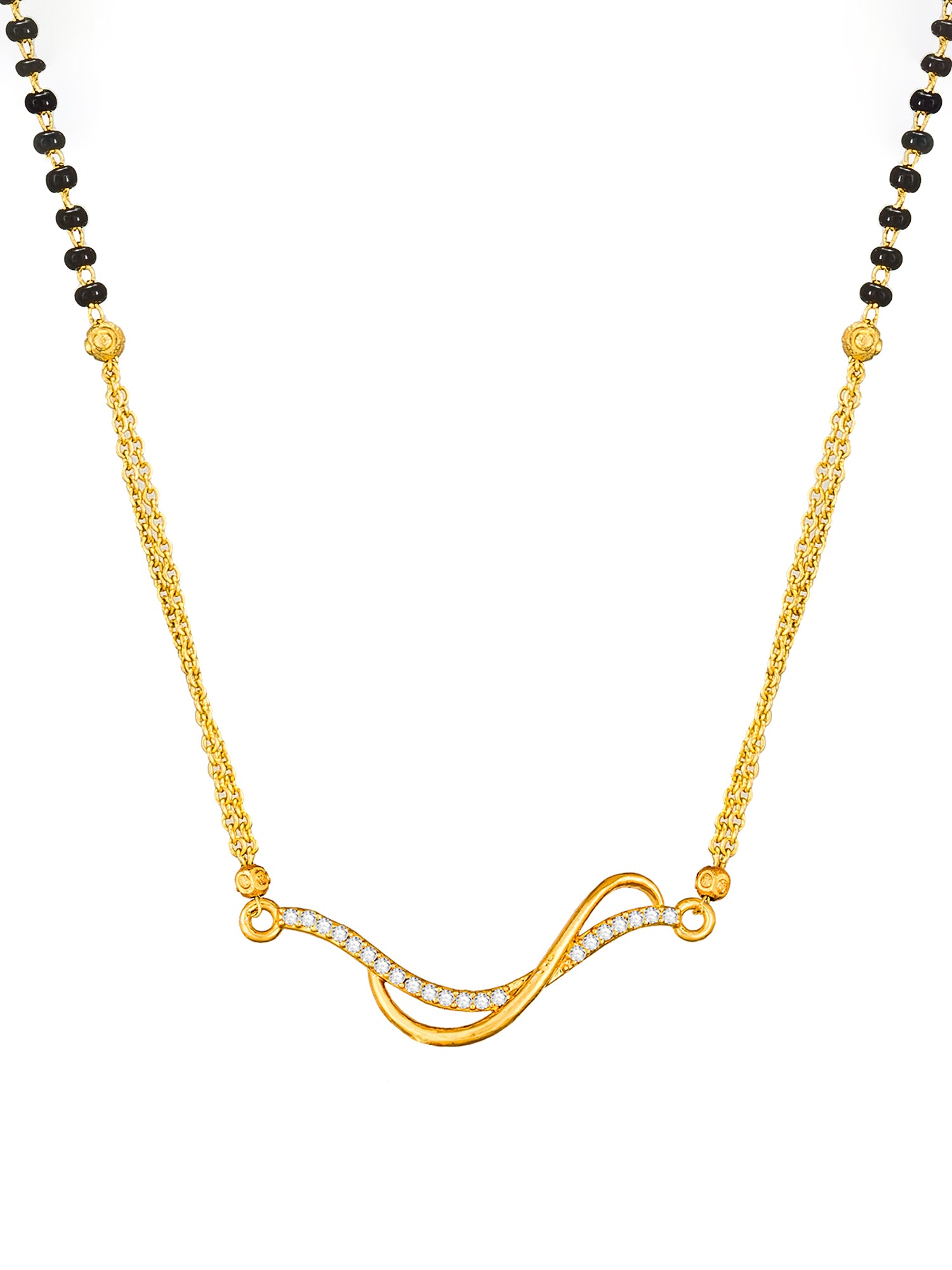 Aadita Festival Specials Gold-Toned Wave Bar Mangalsutra with Stones and Black Beads Dual Chain