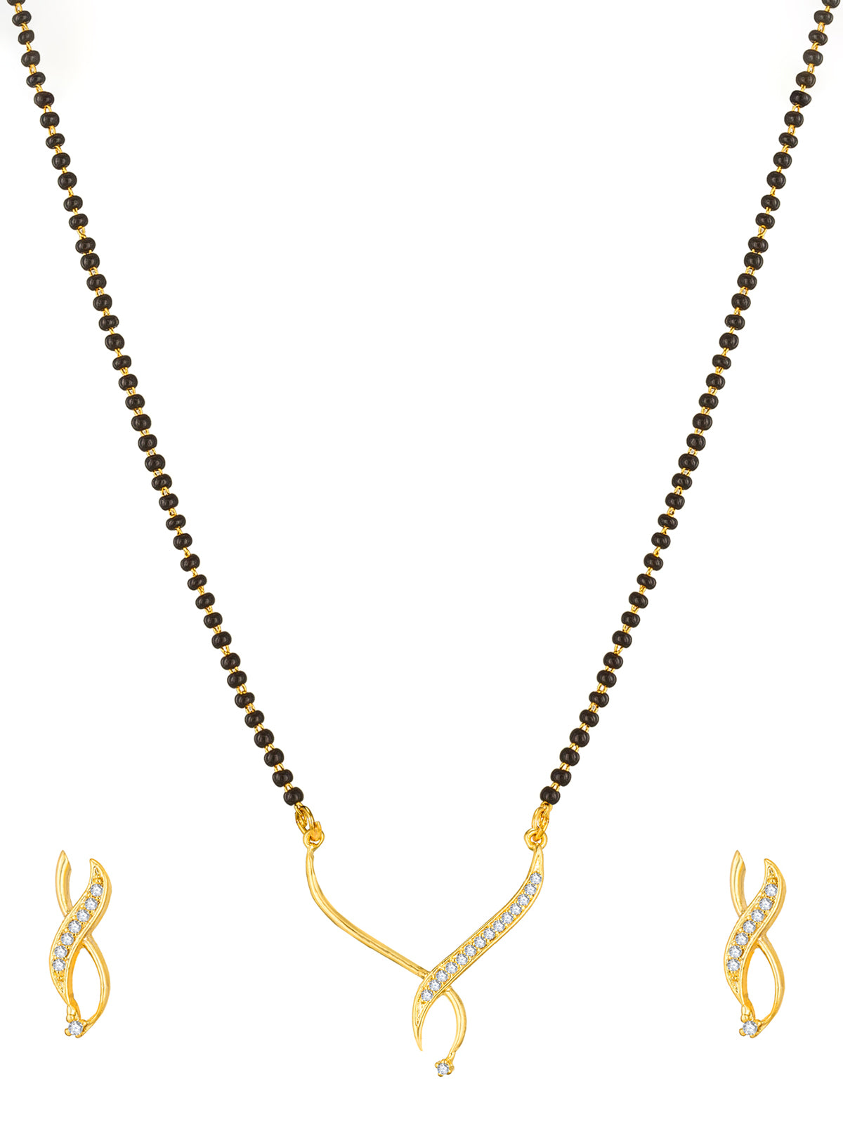 Aadita Office Wear Gold-Toned Twisted Ribbon Mangalsutra Set with Black Beads Chain and Matching Earrings