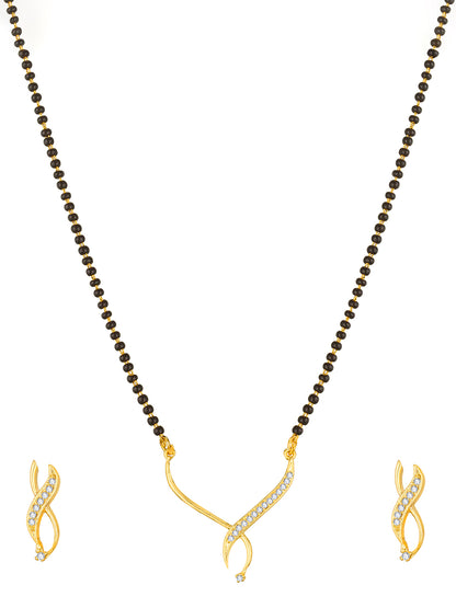 Aadita Office Wear Gold-Toned Twisted Ribbon Mangalsutra Set with Black Beads Chain and Matching Earrings