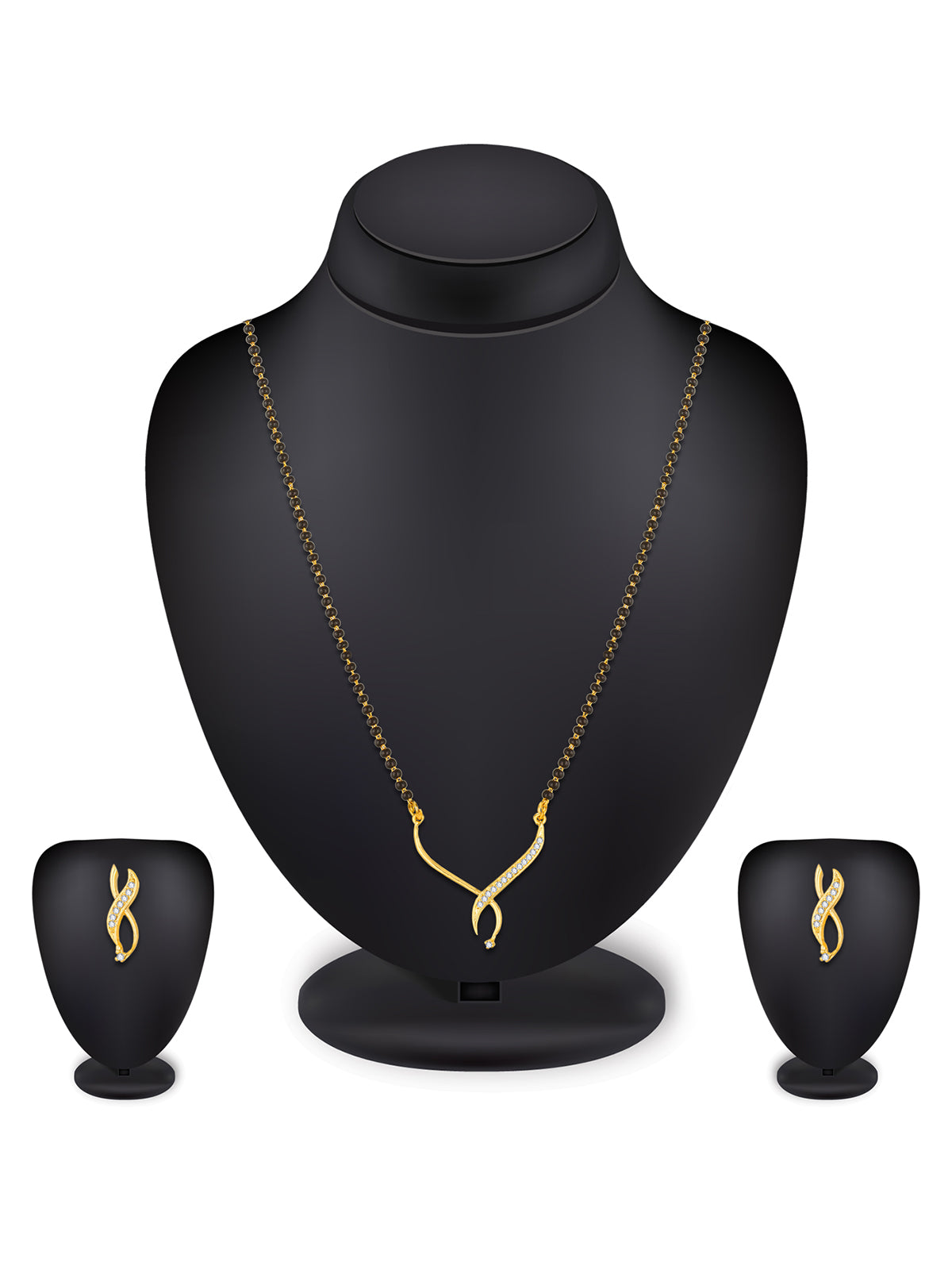 Aadita Office Wear Gold-Toned Twisted Ribbon Mangalsutra Set with Black Beads Chain and Matching Earrings