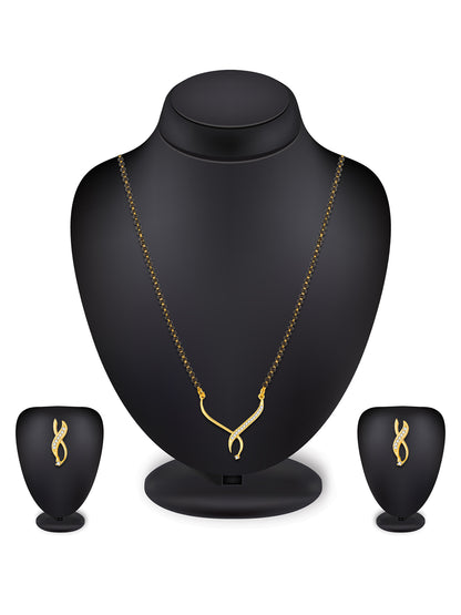 Aadita Office Wear Gold-Toned Twisted Ribbon Mangalsutra Set with Black Beads Chain and Matching Earrings