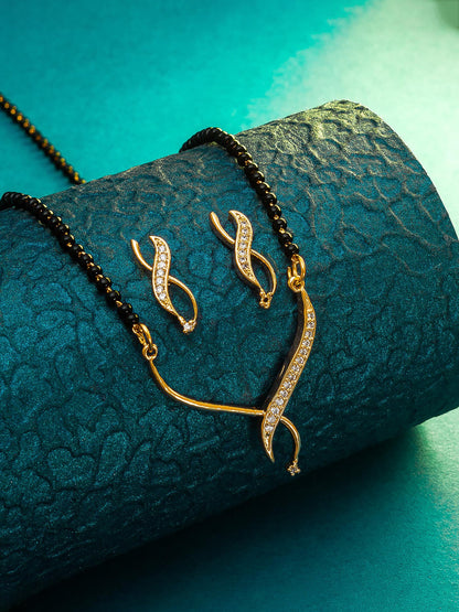 Aadita Office Wear Gold-Toned Twisted Ribbon Mangalsutra Set with Black Beads Chain and Matching Earrings