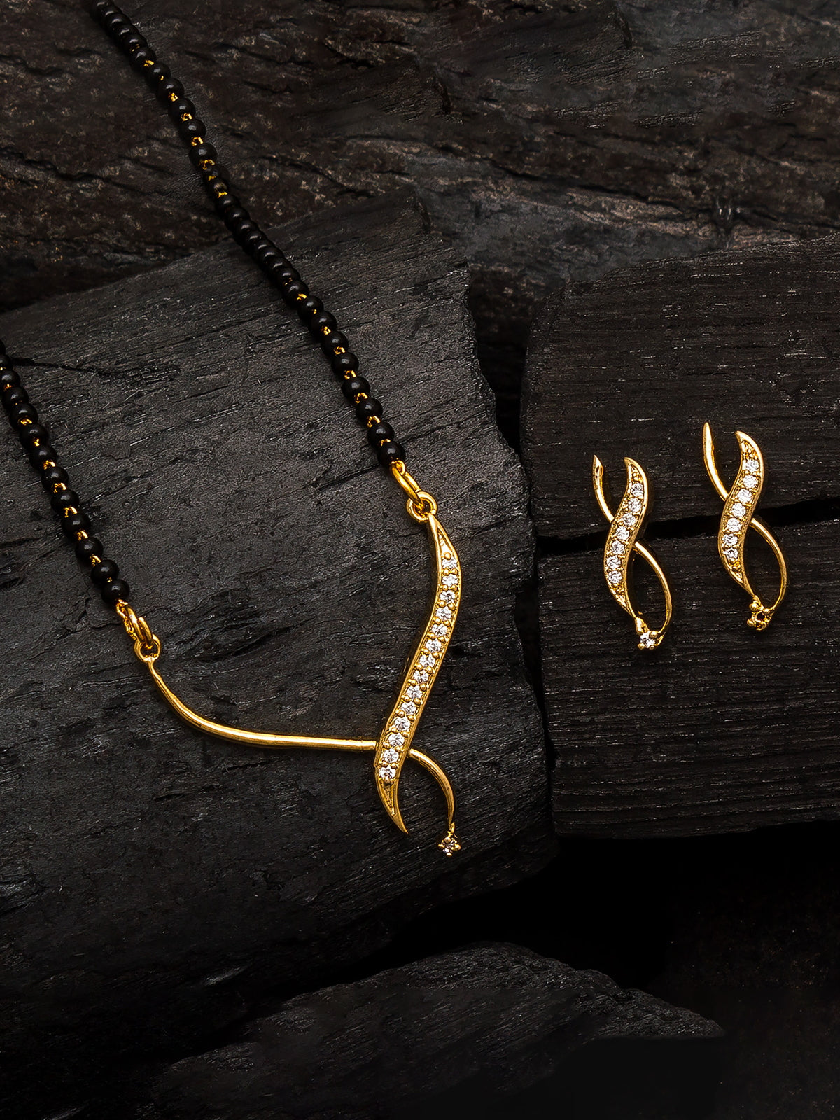 Aadita Office Wear Gold-Toned Twisted Ribbon Mangalsutra Set with Black Beads Chain and Matching Earrings