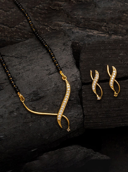Aadita Office Wear Gold-Toned Twisted Ribbon Mangalsutra Set with Black Beads Chain and Matching Earrings
