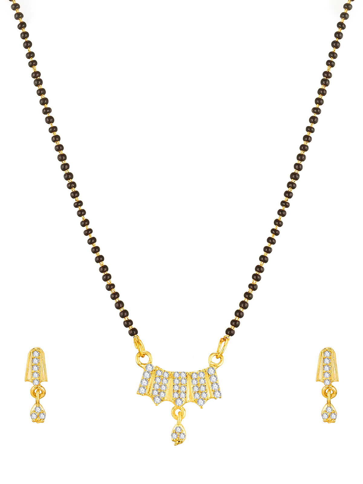 Aadita Gold-Toned Stone Mangalsutra Set with Black Beads Chain and Matching Earrings