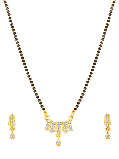 Aadita Gold-Toned Stone Mangalsutra Set with Black Beads Chain and Matching Earrings