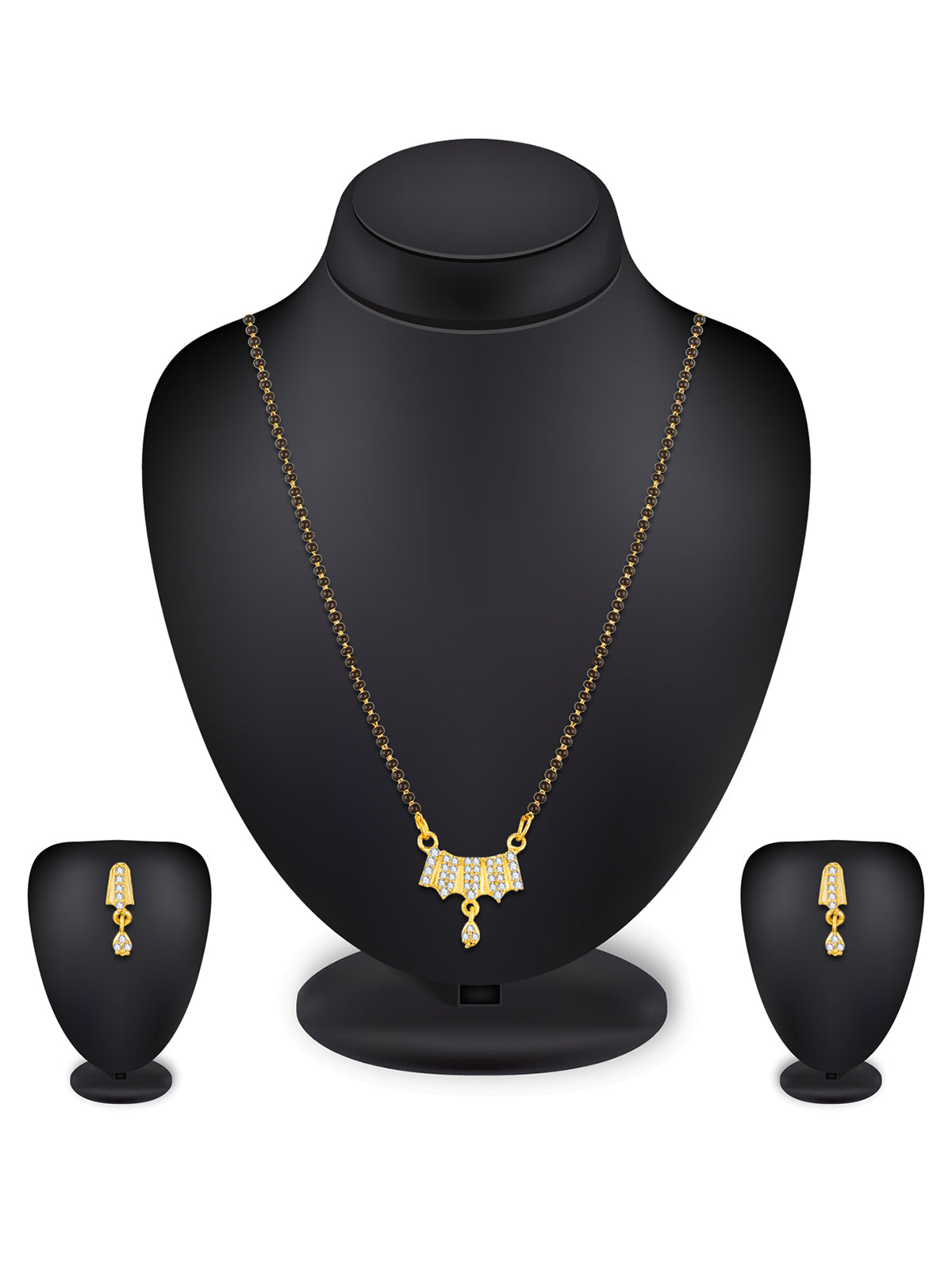 Aadita Gold-Toned Stone Mangalsutra Set with Black Beads Chain and Matching Earrings