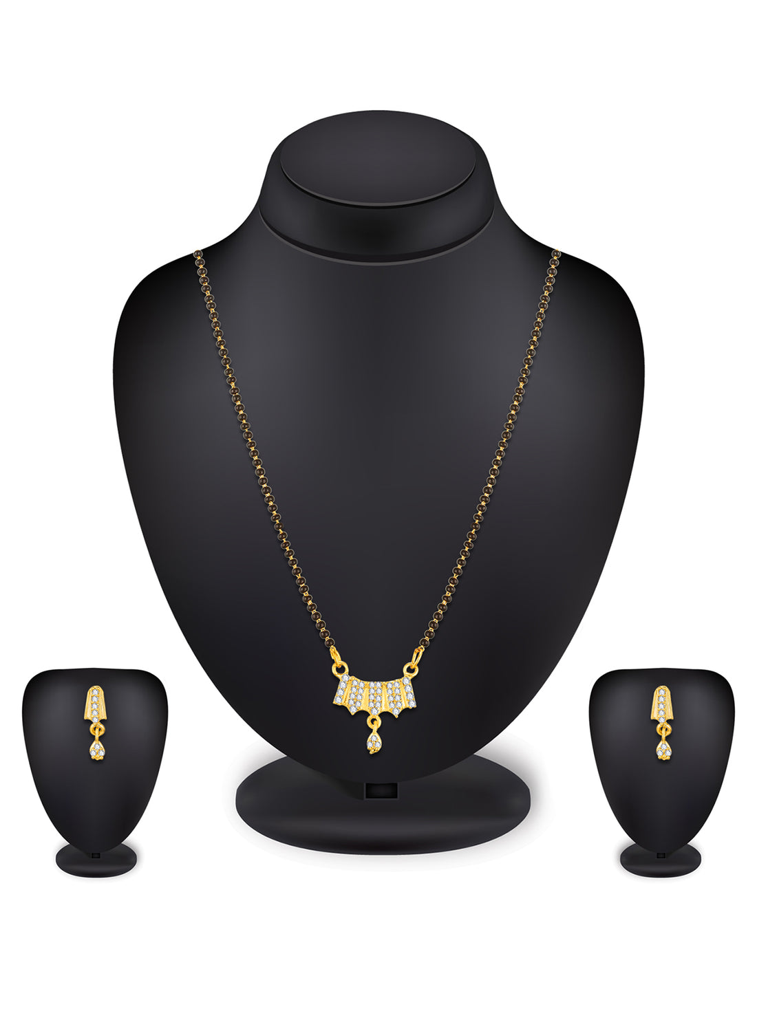 Gold-Toned Stone Mangalsutra Set with Black Beads Chain & Earrings