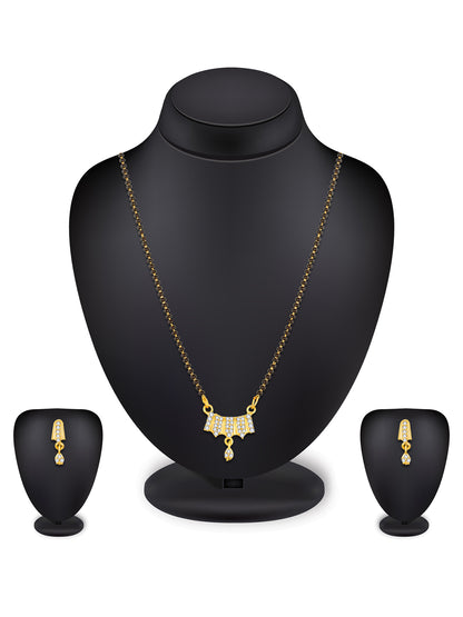 Aadita Gold-Toned Stone Mangalsutra Set with Black Beads Chain and Matching Earrings