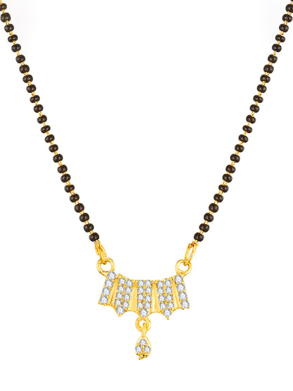 Aadita Gold-Toned Stone Mangalsutra Set with Black Beads Chain and Matching Earrings