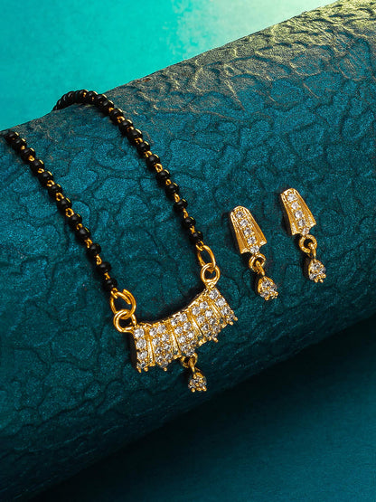 Aadita Gold-Toned Stone Mangalsutra Set with Black Beads Chain and Matching Earrings
