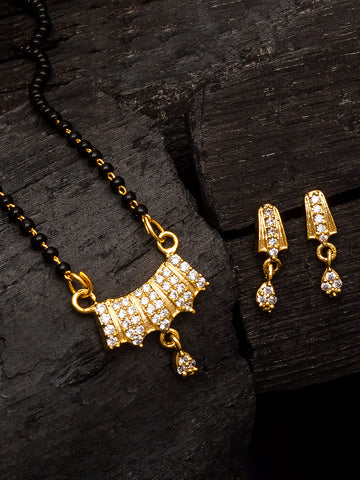 Aadita Gold-Toned Stone Mangalsutra Set with Black Beads Chain and Matching Earrings