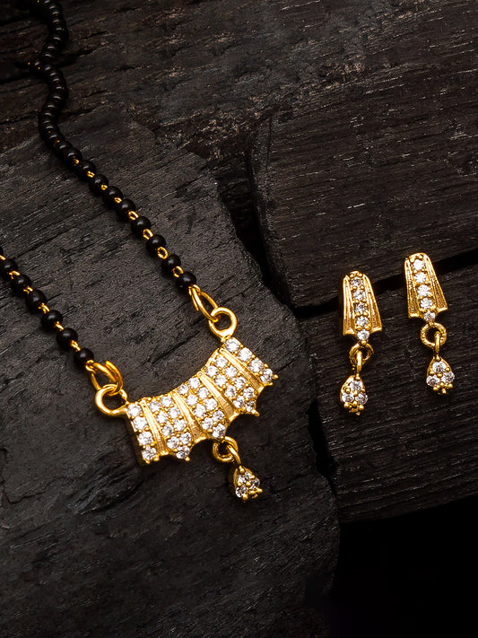 Aadita Gold-Toned Stone Mangalsutra Set with Black Beads Chain and Matching Earrings