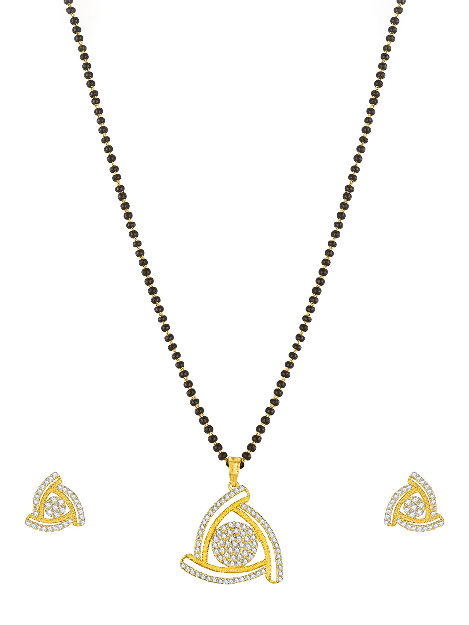 Aadita Office Wear Gold-Toned Triangular Pave Mangalsutra Set with Long Black Beads Chain and Matching Earrings