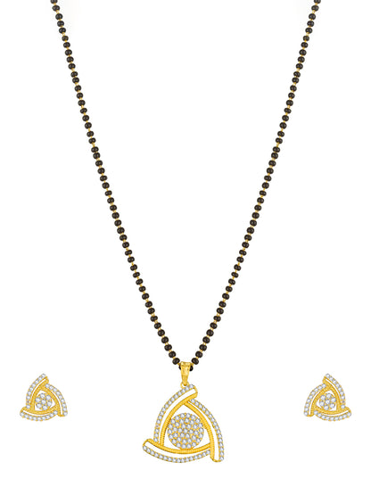 Aadita Office Wear Gold-Toned Triangular Pave Mangalsutra Set with Long Black Beads Chain and Matching Earrings