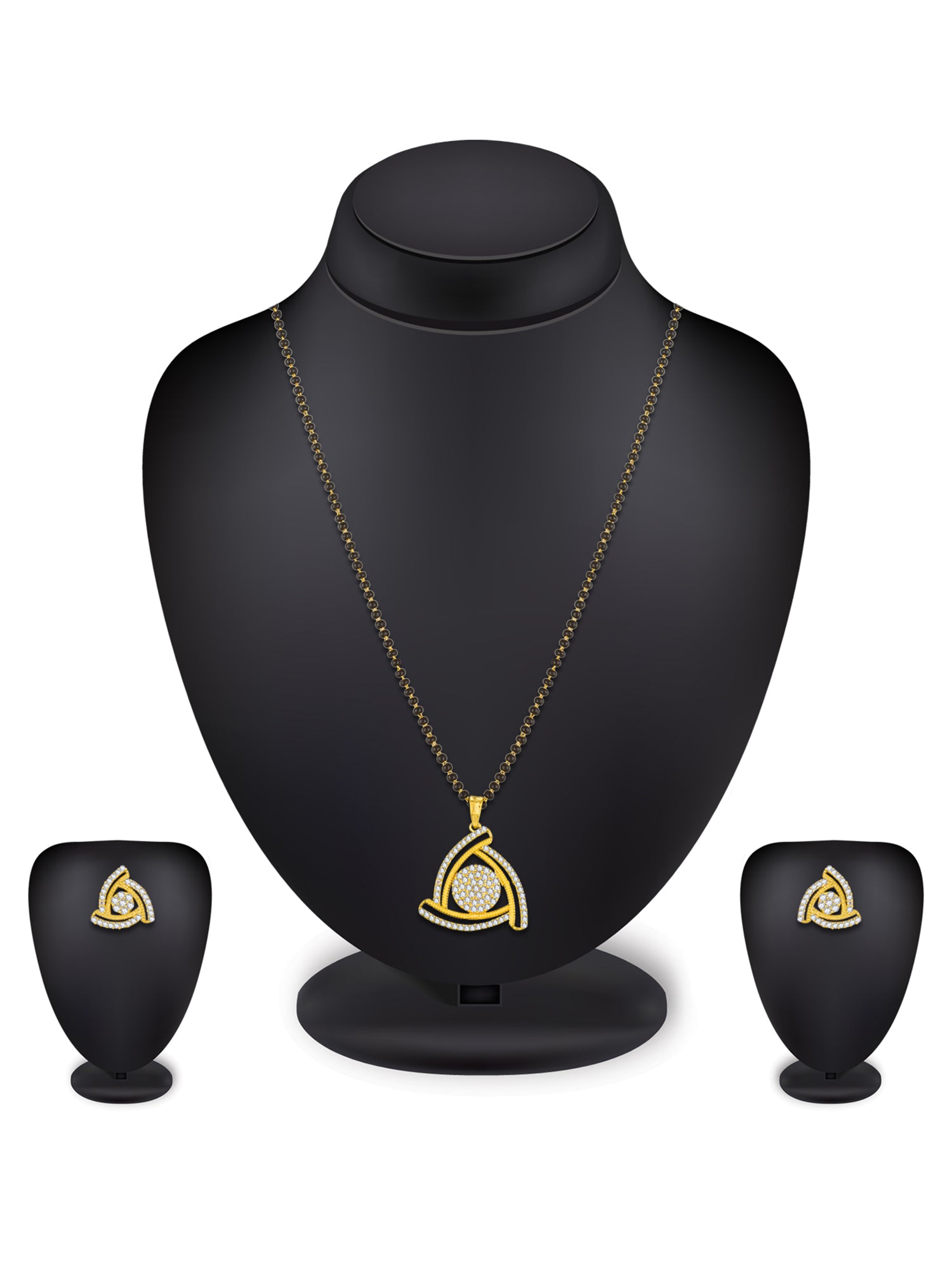 Aadita Office Wear Gold-Toned Triangular Pave Mangalsutra Set with Long Black Beads Chain and Matching Earrings