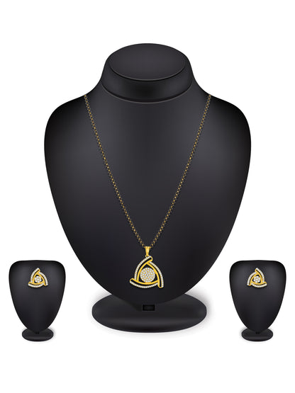 Aadita Office Wear Gold-Toned Triangular Pave Mangalsutra Set with Long Black Beads Chain and Matching Earrings