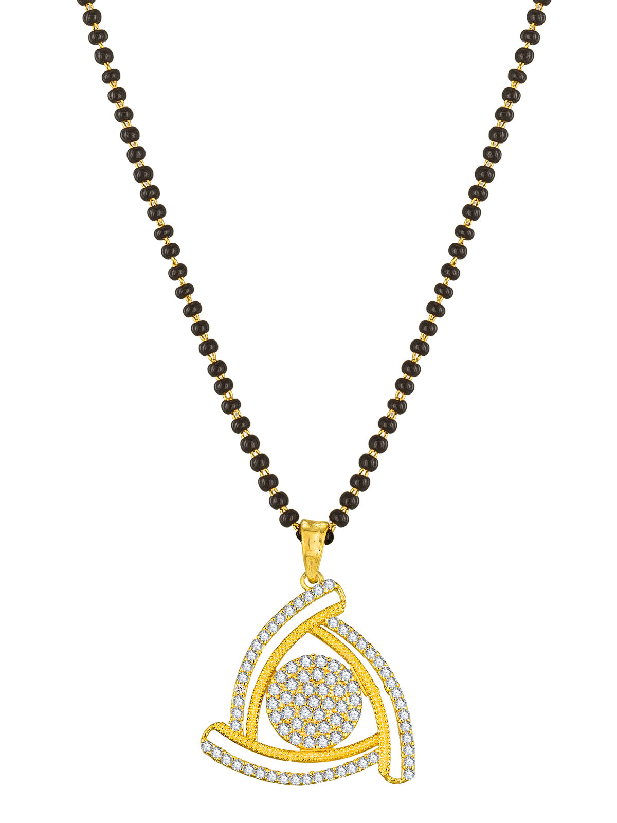 Aadita Office Wear Gold-Toned Triangular Pave Mangalsutra Set with Long Black Beads Chain and Matching Earrings